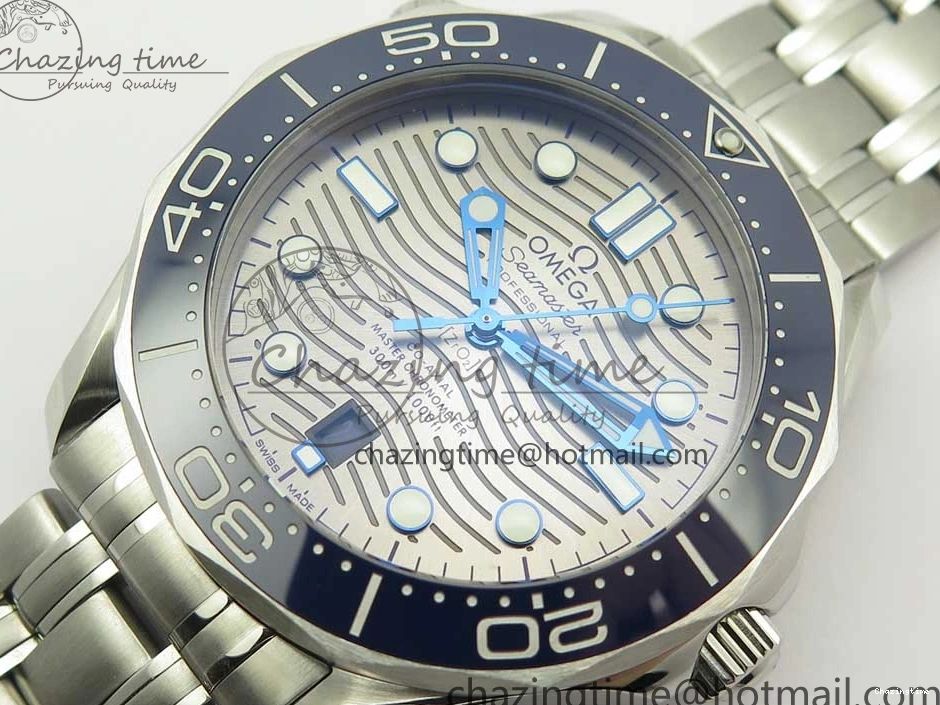 1222 Effortless 2018 Seamaster Diver 300M OMF Best Edition Blue Ceramic Gray Dial on SS Bracelet A8800 (Black Balance Wheel) 7958